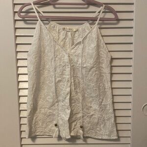 White lace embroidery detailed button front tank.